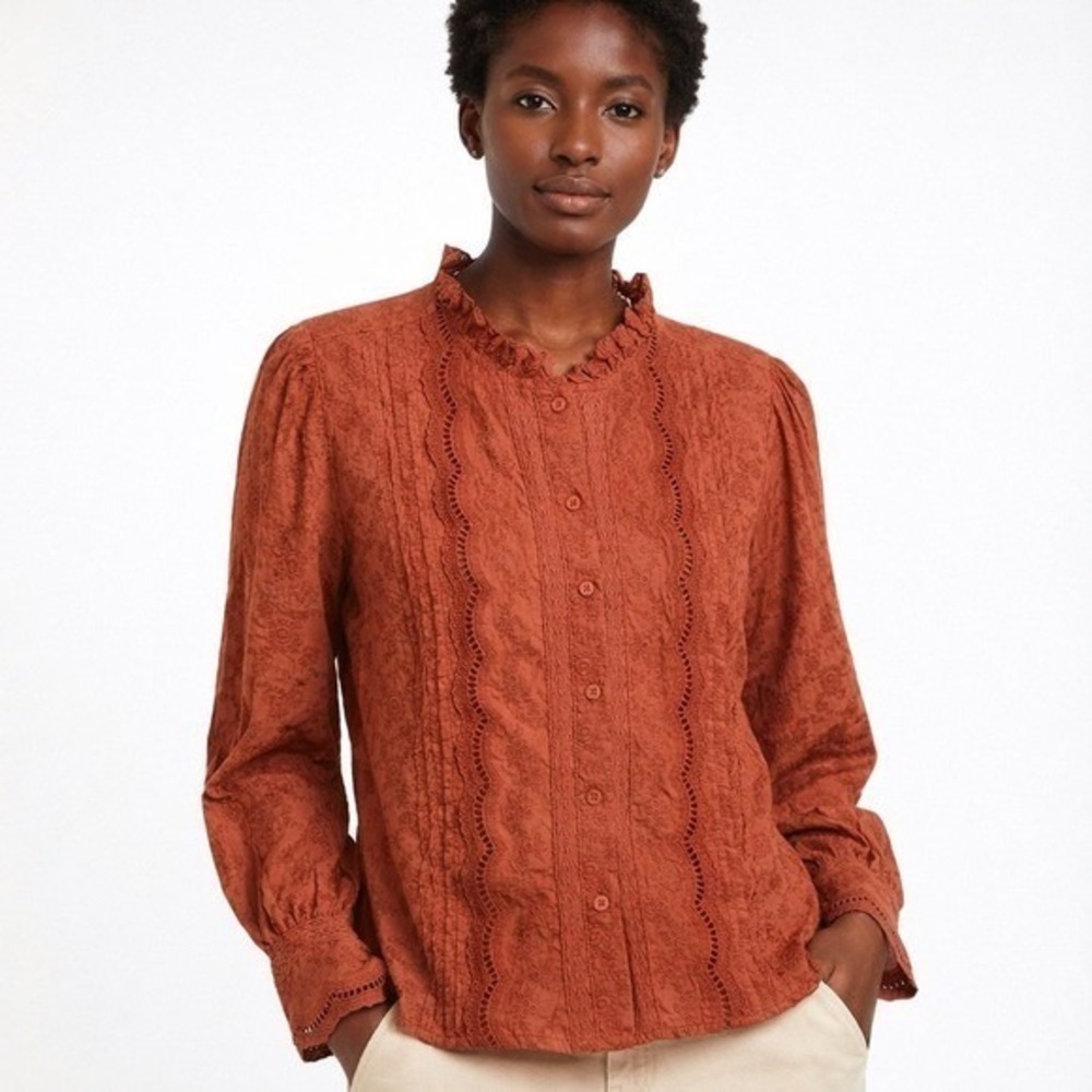 Calypso St Barth Blouse Womens L Rust Embroidered Lace Inset Pintuck Ruffle Trim